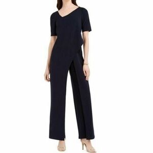 Adrianna Papell Asymmetrical Draped Crepe Formal Jumpsuit Midnight Evening